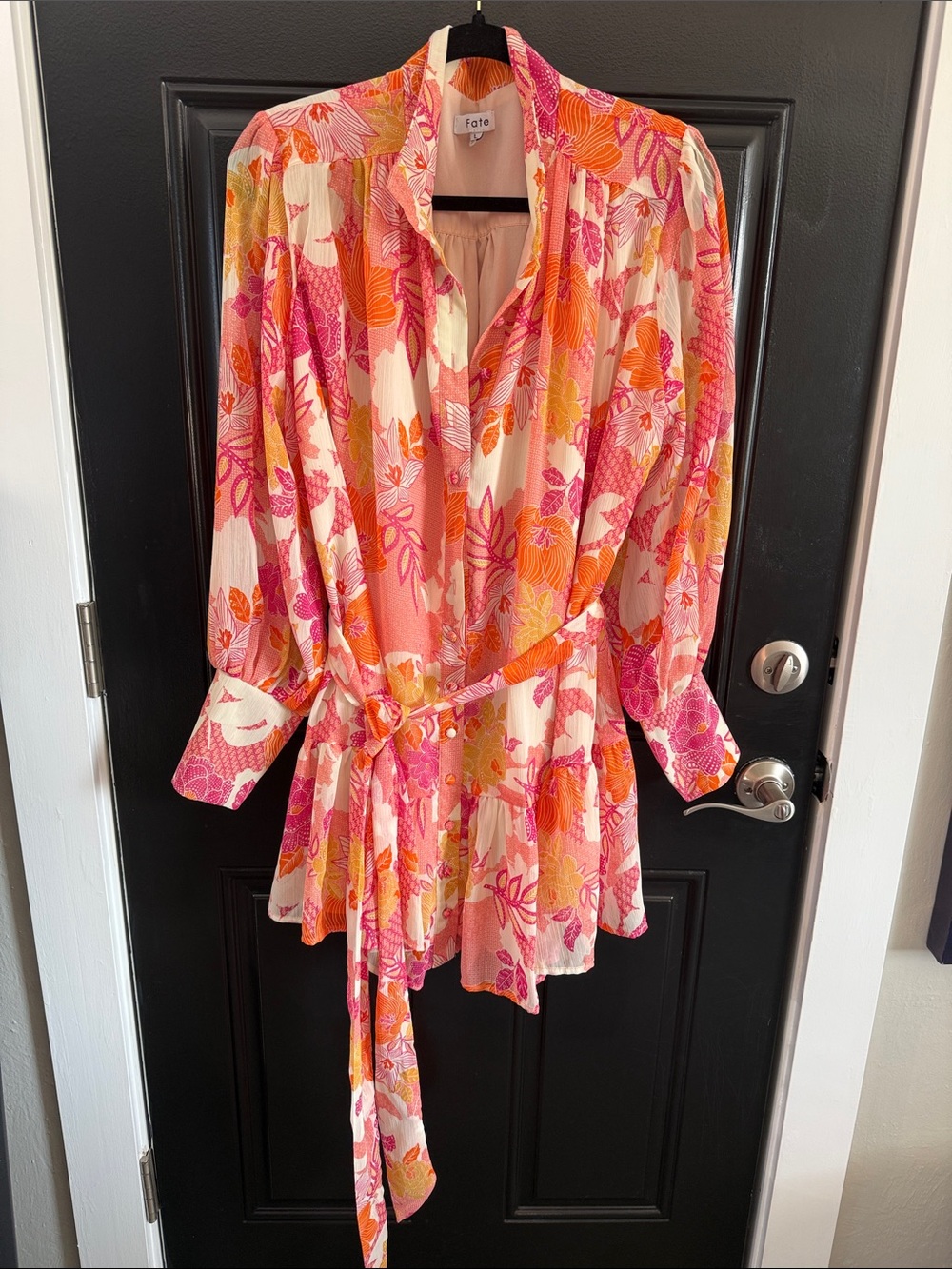 Fate Floral Pink Orange Cream Tie-Waist Mini Dress